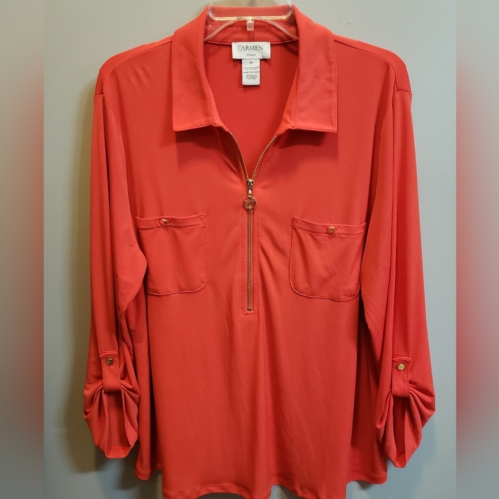 CARMEN Carmen Marc Valvo 1X orange long sleeve top with gold details